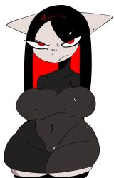 2025 absolute_territory anthro black_hair bodily_fluids camel_toe clothed clothed_anthro clothing collarbone curvy_figure digital_drawing_(artwork) digital_media_(artwork) domestic_cat dress ear_piercing eye_through_hair eyelashes felid feline felis female female_anthro front_view genital_outline grey_clothing grey_dress hair hi_res legwear mammal mouth_closed narrowed_eyes navel_outline nipple_outline piercing portrait red_eyes simple_background solo sweat thick_thighs thigh_highs three-quarter_portrait tight_clothing tight_dress translucent translucent_hair umbra_(xarop77) vulva_outline white_background white_sclera xarop77