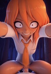 1girls 3d ai_generated bottomless bottomless_female brown_eyes color cowgirl_position crazed_expression crazy_eyes crazy_smile cum cum_in_pussy cum_inside duplicate dyed_hair evil_grin female female_focus forest_background freckles_on_face full_color hands_up japanese_female looking_at_viewer male male_pov mymy_schoppenboer necktie night ongezellig orange_hair outdoor_sex outdoors partial_male posted_it_again_award pov pov_eye_contact pussy riding riding_penis sex shiny_skin shirt smile straight straight_sex sweat sweating