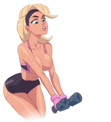 advertisement blonde_hair breasts_out dumbbells fit_female shorts