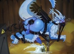 4_toes absurd_res anal ankle_cuffs anthro big_penis blue_body blue_penis blush blushing_at_viewer bodily_fluids bondage bound brown_background bucket chain_leash chained chains claws collar container cuff_(restraint) cum cum_in_bucket cum_in_container dragon electrical_plug electricity electrostimulation erection excessive_cum excessive_genital_fluids feet forced_ejaculation genital_fluids genitals harness hi_res horn kecafur knot leash leather leg_cuffs long_tail looking_at_viewer male milking_cum muzzle_(object) muzzled mythological_creature mythological_scalie mythology neckwear paws penis plant restraints scalie sex_toy simple_background solo tail toe_claws toes vibrator wings wings_tied wrist_cuffs ws5000