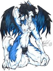 anthro black_hair blue_body blue_fur breasts canid canine female fenrir_lunaris fur genitals hair jewelry mammal necklace nipples nude pubes pussy smile solo wings