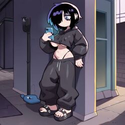 ai_generated black_hair cute cute_face ear_piercing emo female female_focus female_only hot massive_ass massive_breasts medium_hair peircings purple_eyes