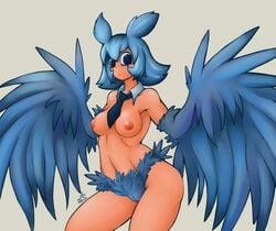 2020 animal_humanoid areola avian avian_humanoid bird_humanoid blue_body blue_eyes blue_feathers breasts feathers female freckles harpy_girl hi_res humanoid ishuzoku_reviewers looking_at_viewer mimilo_(ishuzoku_reviewers) monotone_body monotone_feathers monster_girl nipples owl_humanoid ricocake solo winged_arms wings