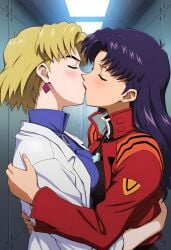 2girls ai_generated akagi_ritsuko bangs big_breasts black_dress blonde_female blonde_hair blue_shirt blush breast_press breasts closed_eyes collared_shirt corridor couple cross cross_necklace doctor dress duo earrings female/female female_only hugging indoors jacket katsuragi_misato kissing lab_coat labcoat long_hair long_sleeves love medium_breasts misato_katsuragi multiple_females multiple_girls mutual_yuri neck necklace neon_genesis_evangelion open_clothes open_jacket parted_bangs powerhouserift purple_earrings purple_hair red_jacket ritsuko_akagi romantic romantic_couple shirt short_hair sleeves_rolled_up standing straight_hair symmetrical_docking thick_eyebrows white_earrings yuri