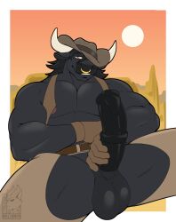 absurd_res anthro aroused aroused_face aroused_male aroused_smile balls balls_focus barazoku bedroom_eyes belt biceps big_balls big_muscles big_pecs big_penis black_body black_hair black_mane black_penis black_skin border bovid bovine brown_belt brown_chaps brown_clothing brown_gloves brown_handwear brown_hat brown_headwear brown_topwear brown_vest cattle chaps clothed clothing cowboy cowboy_hat cowboy_outfit crossed_arms desert desert_background erection facial_piercing flirting flirting_look flirting_with_viewer fondling_penis genital_focus genitals gloves grabbing_own_penis grin grinning_at_viewer grope hair hand_on_penis handwear hat headgear headwear hi_res holding_erection holding_own_penis holding_penis horn inviting inviting_to_sex inviting_viewer light looking_at_viewer male mammal mane manly masturbation muscular muscular_anthro muscular_arms muscular_male muscular_thighs narrowed_eyes nature nature_background nelldemon nipples nose_piercing nose_ring offering_sex offering_to_viewer open_clothing open_topwear open_vest orange_eyes outside pecs penile penile_masturbation penis penis_focus penis_grab piercing presenting presenting_balls presenting_body presenting_penis relaxation relaxed_expression relaxing ring_piercing rubbing_penis sand seducing_viewer seductive self_grope showing_off_muscles smile smiling_at_viewer solo spread_legs spreading stroking_penis sun sunlight thick_arms thick_thighs topwear vest white_border wild_west