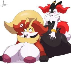 ahe_gao anthro areola ass big_areola big_breasts big_butt big_nipples black_body black_fur blue_eyes blush blush_lines braixen breasts butt_grab carrie_(thixxen) delphox duo eye_roll eyelashes female from_behind_position fur generation_6_pokemon half-closed_eyes hand_on_butt heart_symbol hi_res lazzarus_(shadonictheedge) looking_pleasured lying male male/female motion_lines narrowed_eyes nintendo nipples on_front one_fang pokemon pokemon_(species) puffy_areola puffy_nipples raised_tail red_eyes sex shadonictheedge shaking signature simple_background smile speech_bubble tail tongue tongue_out tremble_spikes white_background yellow_body yellow_fur