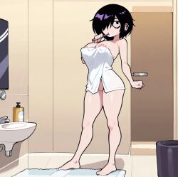 ai_generated black_hair cute cute_face ear_piercing emo female female_focus female_only hot massive_ass massive_breasts medium_hair peircings purple_eyes towel