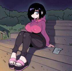 ai_generated black_hair cute cute_face ear_piercing emo female female_focus female_only hot massive_ass massive_breasts medium_hair peircings purple_eyes