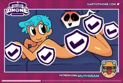 big_thighs black_eyes blue_hair butt_up censored covered demon_and_mess fani_(muyhiram) full_body gartic gartic_phone laying_on_stomach leaning legs_up looking_away muyhiram naked oiled_body oiled_skin posing smiling soda soda_can sofa