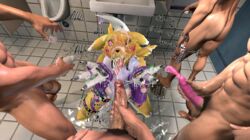 3d_(artwork) absurd_res anthro blush bodily_fluids breasts bukkake canid canine condom condom_decoration cum cum_everywhere cum_inside cum_on_body cum_on_breasts cum_on_face cum_on_hand digimon digimon_(species) disembodied_penis ejaculation erection excessive_cum faceless_male female female_focus filled_condom fox gangbang genital_fluids genitals group group_sex hi_res human human_on_anthro humanoid_genitalia humanoid_penis kespr lying male mammal messy monochrome nipples nude on_back open_hands penis purple_and_white pussy renamon sex sexual_barrier_device solo_focus source_filmmaker straight text tongue tongue_out uncensored vein veiny_penis widescreen