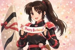 ai_generated armored_female banner bodysuit happy_birthday holding_object inuyasha ponytail sango self_upload
