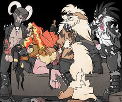 1girls 4boys alternate_color anal anthro anthrofied arcanine ass avian backstage band beak black_hair black_nose blonde_hair bodily_fluids boots bottle breasts canine clothed clothing eeveelution female fishnet_shirt footwear fuf furniture furry gangbang genital_fluids group group_sex hair hi_res holding_bottle holding_object holding_penis houndoom humanoid_genitalia humanoid_penis interspecies knot knotting maddison_ashbury male mammal nintendo nude obstagoon orgy original_character panties panties_around_one_leg penetration penis pidgeot pokemon pokemon_(species) pokemon_gsc pokemon_rgby pokemon_ss pokemon_xy punk pussy_juice sex sofa testicles text thick_thighs tongue tongue_out topless umbreon underwear underwear_around_one_leg vaginal_penetration video_games watermark