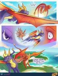 2boys activision anus ass blush cloud comic dialogue dragon duo english_text feral flame_(spyro) flying hi_res high-angle_view landscape male monsterfuzz rear_view sea sky speech_bubble spyro spyro_reignited_trilogy spyro_the_dragon subscribestar video_games water