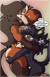 absurd_res animal_genitalia anthro arm_tuft ass balls big_butt big_dom_small_sub bite biting_lip black_body black_fur black_hair black_nose blue_eyes blue_glow blush brown_body brown_ears brown_fur brown_hair butt_grab butt_heart cheek_tuft circle_eyebrows claws collar curvy_figure death_by_snu_snu dialogue dominant duo ear_tuft elbow_tuft eos_(projecte0s) eyebrows facial_tuft fangs fluffy fluffy_chest fluffy_tail freckles fur genitals gloves_(marking) green_eyes green_freckles green_penis grope hair hair_over_shoulder half-erect hand_on_butt hi_res hidden_erection hip_tuft hot_breath hug humanoid humanoid_genitalia humanoid_penis imminent_death_by_snu_snu imminent_sex inner_ear_fluff larger_male leg_markings long_hair long_tail male male/male mane markings orange_body orange_fur orange_hair penis penis_poking_out pupils rei_(theyokairei) shattered_pelvis sheath simple_background size_difference slit_pupils smaller_male socks_(marking) tail tan_body tan_fur teeth thick_thighs thought_bubble tuft watermark wide_eyed wide_hips yokai_rei