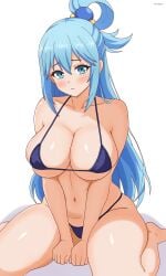 1girls absurdres aqua_(konosuba) bare_arms bare_legs barefoot between_legs bikini blue_bikini blue_eyes blue_hair blush breasts cleavage closed_mouth collarbone commentary_request eclyart eclypse feet female hair_between_eyes hair_ornament hair_rings hand_between_legs highres kono_subarashii_sekai_ni_shukufuku_wo! large_breasts long_hair looking_at_viewer navel sidelocks simple_background sitting solo swimsuit thighs toes wariza white_background