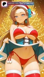 1girls 2026 ai_generated artist_name bell bikini blue_eyes breasts bust candy_cane chest choker christmas christmas_lights christmas_ornaments christmas_tree clothes_lift dress_lift earrings electroworld female fireplace fur-trimmed_headwear hat hi_res high_quality high_resolution highres holding_sack jewelry katarina_claes lifted_by_self long_hair looking_at_viewer merry_christmas navel otome_game_no_hametsu_flag_shika_nai_akuyaku_reijou_ni_tensei_shite_shimatta patreon patreon_username red_bikini red_headwear sack santa_bikini santa_costume santa_dress santa_hat side-tie_bikini side-tie_panties skirt skirt_hold skirt_lift smile solo stable_diffusion star_earrings swimsuit thighhighs watermark