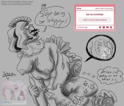 annoyed annoyed_expression bent_over big_areola big_ass big_breasts big_butt big_nipples chubby chubby_belly chubby_female chubby_male cosmo_(dandy's_world) curly_tail dandy's_world dandys_world freckles gatorsnakes maid maid_headdress neck_tuft rimming rimming_female saliva straight_hair tail_feathers tail_tuft tisha_(dandy's_world)