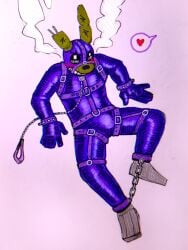animatronic ankle_cuffs averting_eyes bdsm_collar bdsm_gear bdsm_harness bdsm_outfit blush blush_lines bondage bulge chains embarassed_male embarrassed fnaf humiliated humiliation latex latex_suit leash leash_and_collar leashed_collar legs_spread male_only overheated reluctant restrained springtrap springtrap_(fnaf) steam