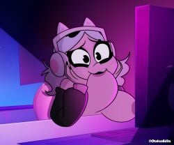 big_breasts breast_expansion emberlynn_pinkle emberlynn_pinkle_(human_form) helluva_boss otakusedits screenshot_edit self_breast_sucking sucking_breasts sucking_breasts_meme sucking_nipples