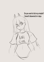 1girls 2023 2d 2d_(artwork) armpit_fetish asking_for_it chainsaw_man dialogue english english_text horns long-haired_female long_hair long_hair_female midriff midriff_baring_shirt panties power_(chainsaw_man) short_shirt sketch solo solo_female text zero_dead_zone