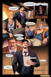 bara beard blonde_hair bosoromantics bulge comic comic_page daddy dark-skinned_female dark_skin dialogue dilf female gay lawyer male moustache muscular muscular_male oc original original_character tattoo tattoo_on_arm tattooed_arm