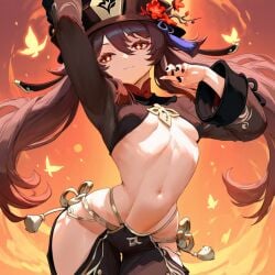 1girls abelonn ai_generated arms_up belly_button belly_dancer belly_dancer_outfit black_nails brown_hair curvy curvy_figure dancing female female_focus female_only genshin_impact glowing_eyes hat hu_tao_(genshin_impact) looking_at_viewer slim_waist small_breasts smile solo solo_female solo_focus standing twintails