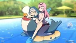 2girls aerolae ahe_gao ahegao_face anal anal_sex animated breasts female gaspr gasprart gawr_gura gawr_gura_(cosplay) hololive hololive_english lesbian lesbian_sex mori_calliope open_mouth penetration pink_hair pool shark shark_girl shark_tail sharp_teeth strap-on strapon tagme tongue tongue_out video virtual_youtuber voice voice_acted vtuber water white_hair yuri