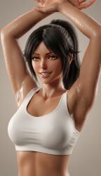 ai_generated armpit armpit_fetish armpit_sweat bleach bleach:_the_thousand-year_blood_war cinderpits dark-skinned_female dark_skin shihouin_yoruichi sports_bra sweat sweatdrop sweating sweating_profusely