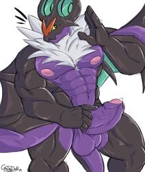 1boy 2019 5_fingers abs anthro anthrofied bara bat big_ears black_body boner castrodour dated dragon erection fingers foreskin fur hi_res humanoid_genitalia humanoid_hands humanoid_penis male male_only membrane_(anatomy) membranous_wings muscular muscular_male nintendo nipples noivern nude original_character pecs penis pink_nipples pokémon_(species) pokemon pokemon_(species) pokemon_xy pokemorph pose purple_balls purple_body purple_penis scalie simple_background solo tail testicles text uncut vein veins video_games watermark white_background white_body white_fur wings yaoi