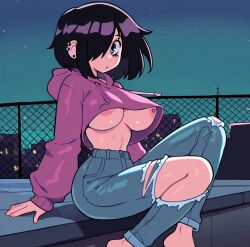 ai_generated black_hair cute cute_face ear_piercing emo female female_focus female_only hot massive_ass massive_breasts medium_hair peircings purple_eyes