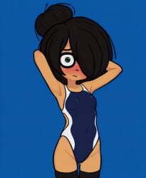1girls accurate_art_style accurate_body_type accurate_proportions ai_generated armpits arms_behind_head bags_under_eyes bell belly_button black_hair blush concerned eye_bags green_eyes hair_bun hair_over_one_eye looking_at_viewer maya_schoppenboer medium_breasts messy_hair navy_blue_swimsuit ongezellig posing posing_for_the_viewer southeast_asian stomach sweat sweating swimsuit swimwear tummy