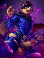 3:4 ahe_gao anthro balls bodily_fluids canid canine clothing cum fox genital_fluids genitals humanoid_genitalia humanoid_penis kaiketsu_zorori looking_pleasured male male_only mammal nurinaki penis solo tentacle tongue tongue_out torn_clothing zorori