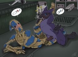 alien ambiguous_gender anthro battle_droid benji_(artist) blush confusion dol_rin_(character) duo electronics from_behind_position leg_grab looking_at_another male male/ambiguous open_mouth question_mark raised_leg sex spacecraft spoon_position star_wars usb vehicle