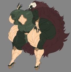 1girls 2025 2d 2d_(artwork) 2d_artwork armor armored_female ass_bigger_than_head big_ass big_breasts breasts_bigger_than_head brown_hair eyelashes female female_focus female_only full_body green_body hairy_pussy heavensthroat long_hair oc original original_character platform_heels sharp_fingernails sharp_teeth simple_background skimpy skimpy_clothes skull snout solo solo_female solo_focus thick_thighs yellow_eyes