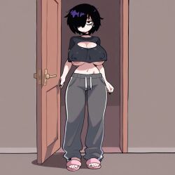 ai_generated black_hair cute cute_face ear_piercing emo female female_focus female_only hot massive_ass massive_breasts medium_hair peircings purple_eyes