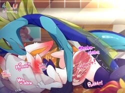 absurd_res anal anal_sex anthro bodily_fluids cinderace cum cum_inside double_dick duo female feral generation_8_pokemon genital_fluids genitals hi_res inteleon male male/female nintendo penetration penis pillow pokemon pokemon_(species) prrrrrrmine sex text translated vaginal_penetration vulva