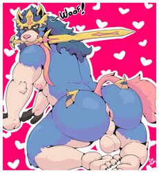 1boy 4_toes all_fours anthro anthrofied anus arm_tuft ass bara big_ass big_ass_(male) blue_body blue_fur bubble_ass bubble_butt butt canine claws elbow_tufts english_text fur furry hi_res holding_object holding_sword holding_weapon legendary_pokémon looking_back male male_only malesub mammal melee_weapon mouth_hold muscular_ass muscular_butt nintendo nipples nude pattern_background pink_anus pink_nipples pokémon_(species) pokemon pokemon_ss pokemorph presenting presenting_hindquarters simple_background solo sword teeth testicles text thecaptainteddy toe_claws toes tuft video_games watermark weapon white_balls white_body white_fur white_outline yellow_eyes zacian