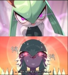 1boy 1girls athletic_female crossdressing drunkoak father_and_daughter gardevoir gardevoir_dad_(drunkoak) generation_3_pokemon hypnosis hypnotic_eyes hypnotizing_viewer kirlia korean_text pokémon_(species) pokemon purple_eyes red_eyes sweat yandere