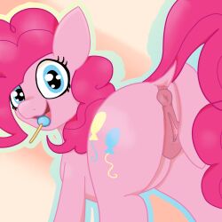 1girls anatomically_correct animal_ears anus ass blue_eyes candy dock earth_pony female food friendship_is_magic genitals gradient_background happy hasbro horse lollipop looking_at_viewer looking_back looking_back_at_viewer mare my_little_pony open_mouth partcannon pink_body pink_hair pink_tail pinkie_pie_(mlp) pony pussy solo solo_female tail