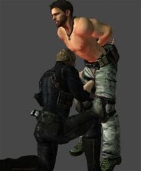 2boys 3d 3d_(artwork) 3d_model 3d_render abs albert_wesker ball_busting balls_fondling bara beard chris_redfield clothed dominant dominant_male dominated_male fully_clothed gay gear hands_behind_back male male_only muscles muscular resident_evil shirtless shoes standing submissive tactical_gear tied_hands yaoi