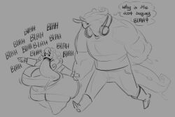 ass belly belly_button boots bracelet bracelets breasts buff dongwongtang female goodra hand_behind_back headphones holding_hands hyper_breasts hyper_butt kimmy_(dongwongtang) large_ass large_breasts lickilicky long_tongue male massive_tongue obese pointing pokemon raymond_(dongwongtang) sketch tail thinking tired tired_eyes tongue tongue_out