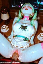 ai_generated arlequin097 rebecca_(edgerunners) cyberpunk:_edgerunners 1girl long_hair breasts blush open_mouth 1boy twintails closed_eyes hetero sweat green_hair penis pussy solo_focus spread_legs sex apron vaginal cup uncensored tattoo colored_skin table colored_sclera white_skin missionary naked_apron coffee leg_tattoo red_sclera
