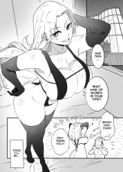 bed big_breasts big_butt blonde_female comic comic_page comic_panel curvy_figure impressed lingerie muscular_male pubic_hair stockings teasing thighs unnamed_character yuki_tsukumo