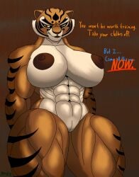 abs anthro areola big_breasts breasts dialogue dreamworks english_text felid female genitals glaring glaring_at_viewer hi_res huge_breasts imminent_sex insult insulting_viewer kung_fu_panda looking_at_viewer m4n mammal master_tigress mean mean_look muscular muscular_female muscular_thighs nipples nude pantherine sharp_teeth solo talking_to_viewer teeth text thick_thighs tiger vulva