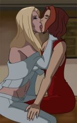 2018 2girls accurate_art_style blonde_hair clothed dress elmrtev emma_frost female female_only fully_clothed jean_grey kissing marvel midriff no_men red_dress red_hair tongue_kiss white_queen wolverine_and_the_x-men x-men yuri