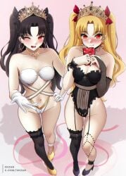 2girls black_hair black_nail_polish black_nails black_thighhighs blonde_hair breasts crown ear_piercing earrings ereshkigal_(fate) fate_(series) female female_only fingerless_gloves footwear garter_straps gloves hair hair_ornament hair_ribbon hand_on_hip handwear headwear heels high_heels hips holding_object hoop_earrings ishtar_(fate) jewelry lace lace-trimmed_gloves lace_trim leg_strap legwear lingerie long_hair medium_breasts nail_polish nails necklace neckwear red_eyes revealing_clothes ring smile thighhighs tiara twintails valentine's_day white_gloves xkzan