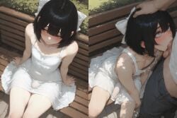 2boys ai_generated bench black_hair blue_eyes bob_cut bow bulge_under_clothes deepthroat fellatio femboy feminine_male hair_bow hannai head_grab looking_up_at_partner multiple_images oral oral_sex otoko_no_ko outdoors park_bench shy sitting sundress surprised trap white_dress yaoi