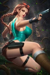 1girls 2020 ass belt big_ass big_breasts booty_shorts braid braided_hair breasts brown_eyes brown_hair clothed_female eyewear eyewear_on_head female female_only firearm fully_clothed gun handgun holding_gun holding_object holding_weapon lara_croft lara_croft_(classic) large_breasts light-skinned_female light_skin long_hair looking_at_viewer looking_back m1911 neoartcore pistol pose short_shorts shorts solo sunglasses sunglasses_on_head tagme tomb_raider weapon