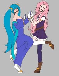 2girls bit_gag bondage bound bound_hands clothed clothing female female_only femsub fetish fully_clothed gag gagged heel-less_heels high_heels only_female ponyplay request seraphine_(league_of_legends) sona_buvelle thighhighs