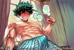 1boy abs ai_generated balls_outline blush bodily_fluids boku_no_hero_academia boxers_(clothing) bulge clenched_hand clothed clothing detailed_bulge dialogue endlessh english_text erection erection_under_clothes erection_under_clothing female freckles genital_outline green_hair indoors izuku_midoriya male male_focus male_underwear mirko miruko mllf muscular muscular_male my_hero_academia navel nipples pecs pectorals penis_outline precum_through_clothing rumi_usagiyama short_hair solo speech_bubble sweat tagme teeth tenting text topless topless_male underwear veins wet_clothing